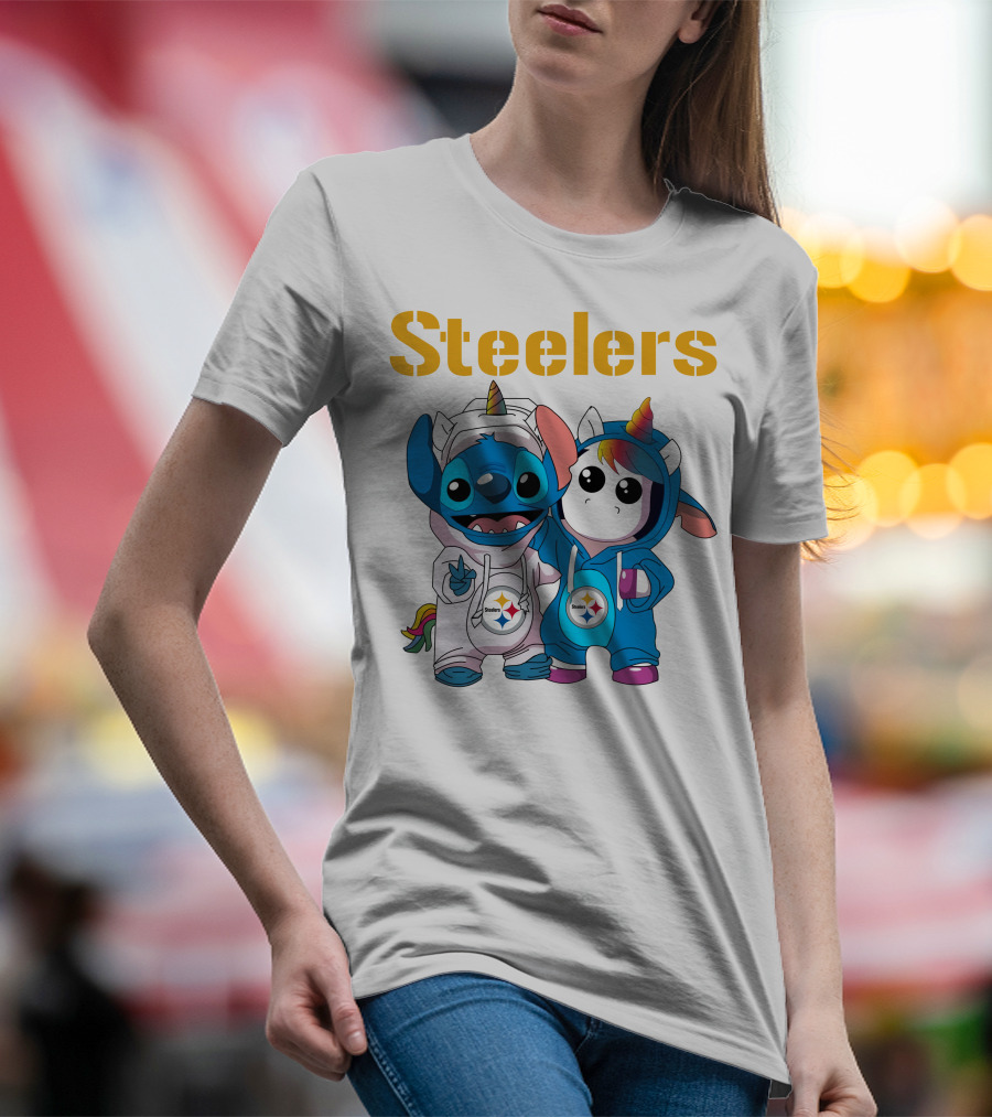 Steelers Stitch And Unicorn Duo With Rainbow Horns T-Shirt