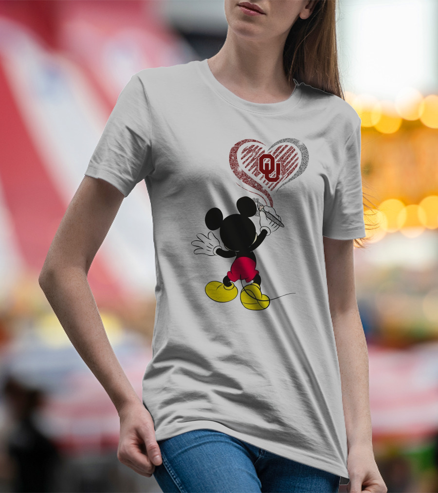 Mickey Painting Heart With Ou Logo In Oklahoma Colors T-Shirt
