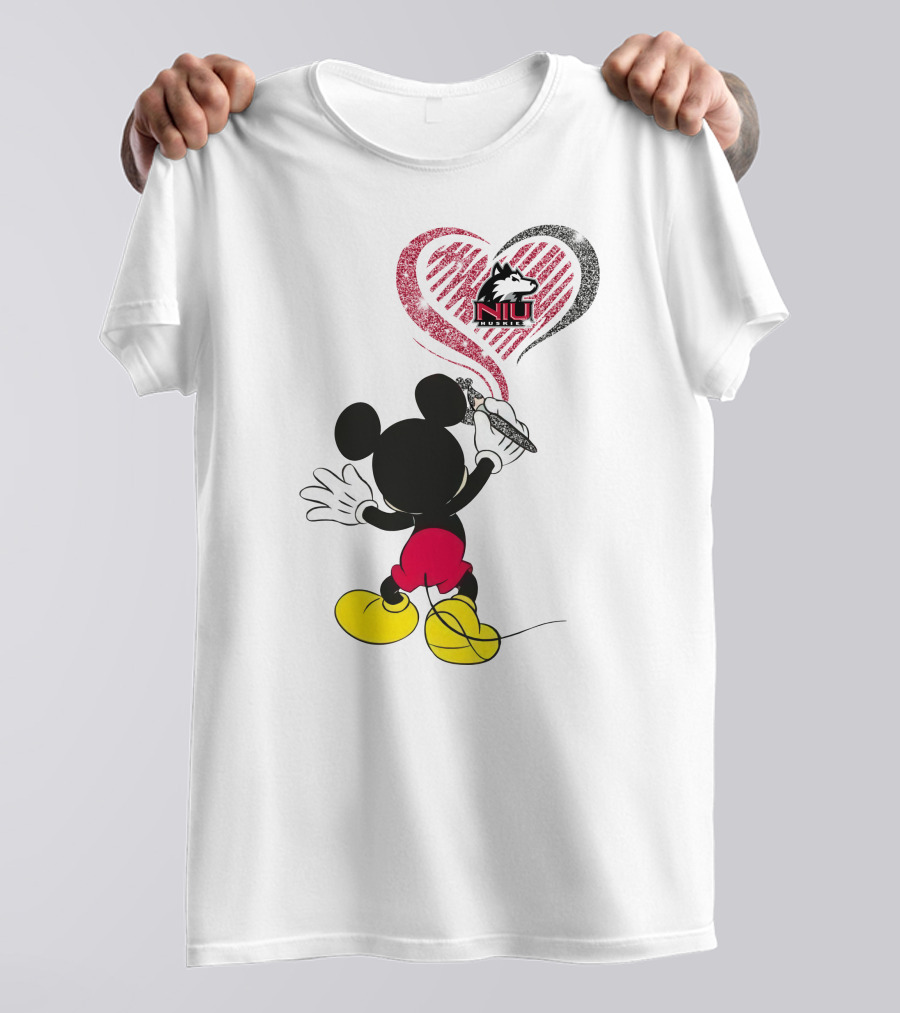 Mickey Mouse Drawing Northern Illinois University Huskies Logo In Heart Shape T-Shirt