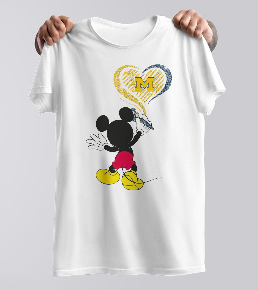 Michigan Wolverines M In Yellow And Blue Heart With Disney Mickey Character T-Shirt