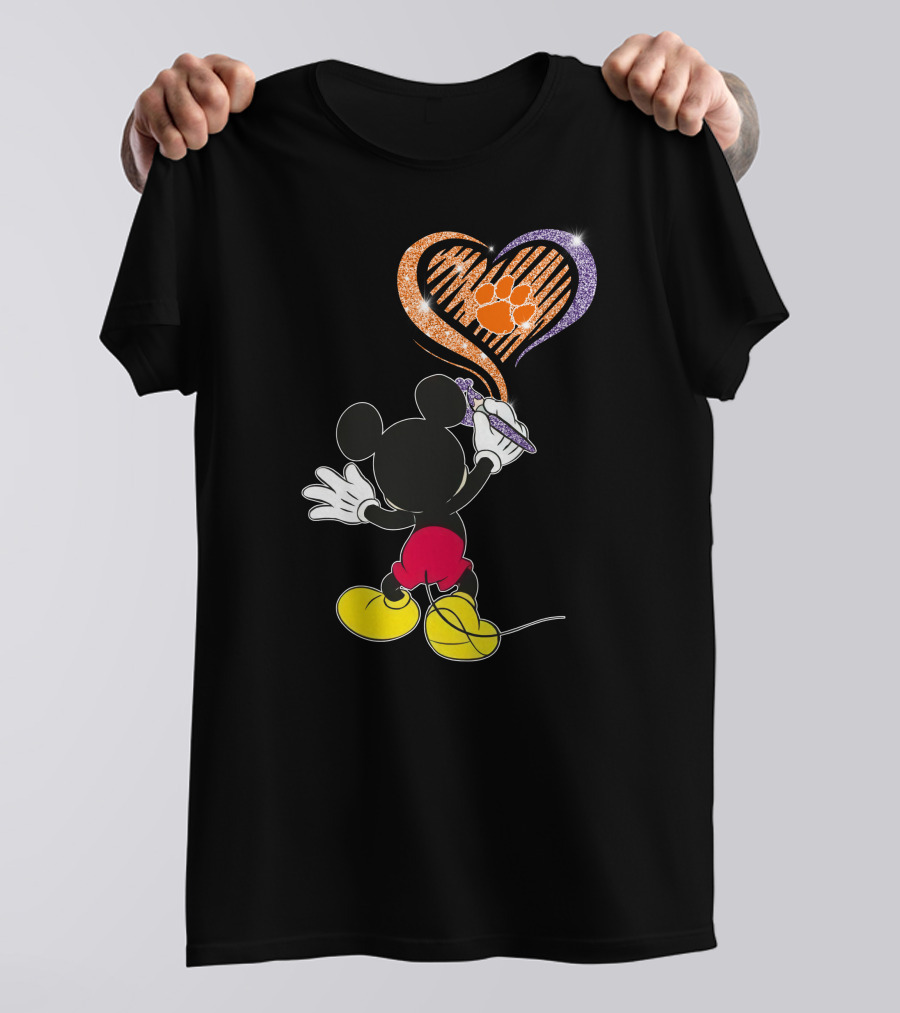 Mickey Painting Clemson Tigers Paw In Heart Shape T-Shirt