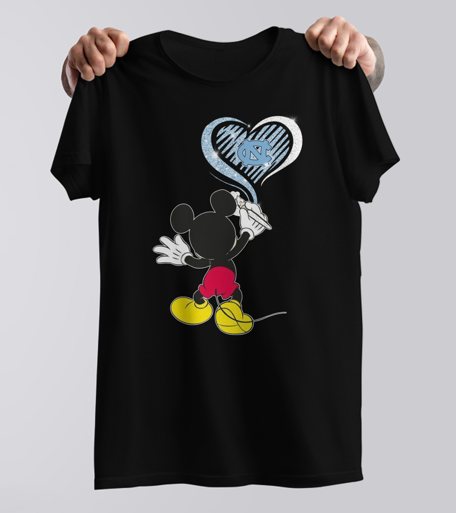 Mickey Mouse Drawing North Carolina Tar Heels In Heart Shape T-Shirt