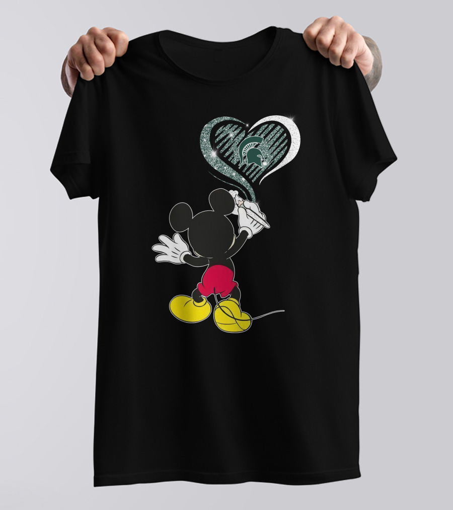 Mickey Mouse Drawing Heart Michigan State Spartans T-Shirt