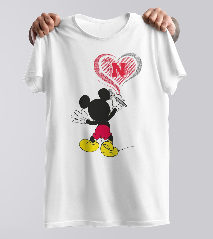 Mickey Mouse Nebraska Cornhuskers Heart Drawing T-Shirt