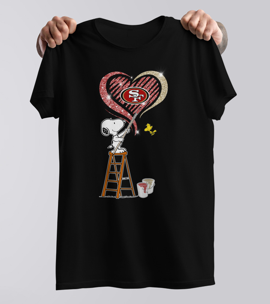 Snoopy Painting San Francisco 49ers Heart With Woodstock T-Shirt