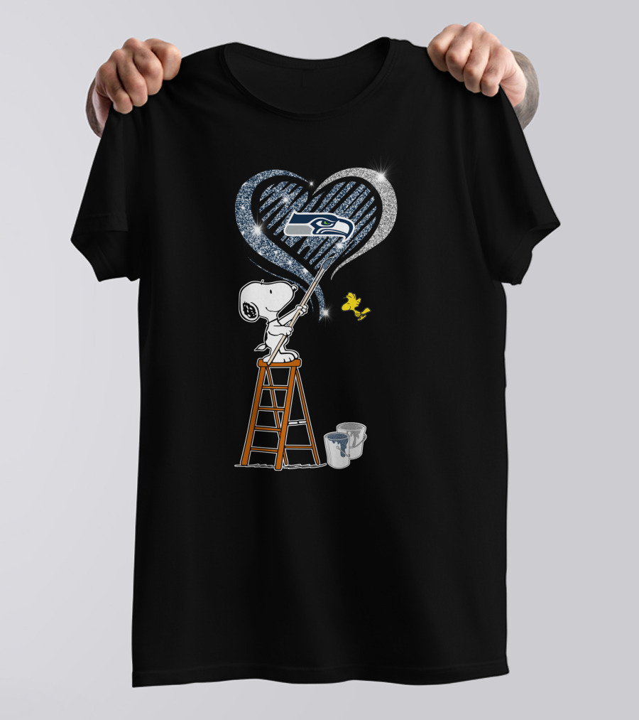 Snoopy Painting Seattle Seahawks Logo Heart With Woodstock T-Shirt