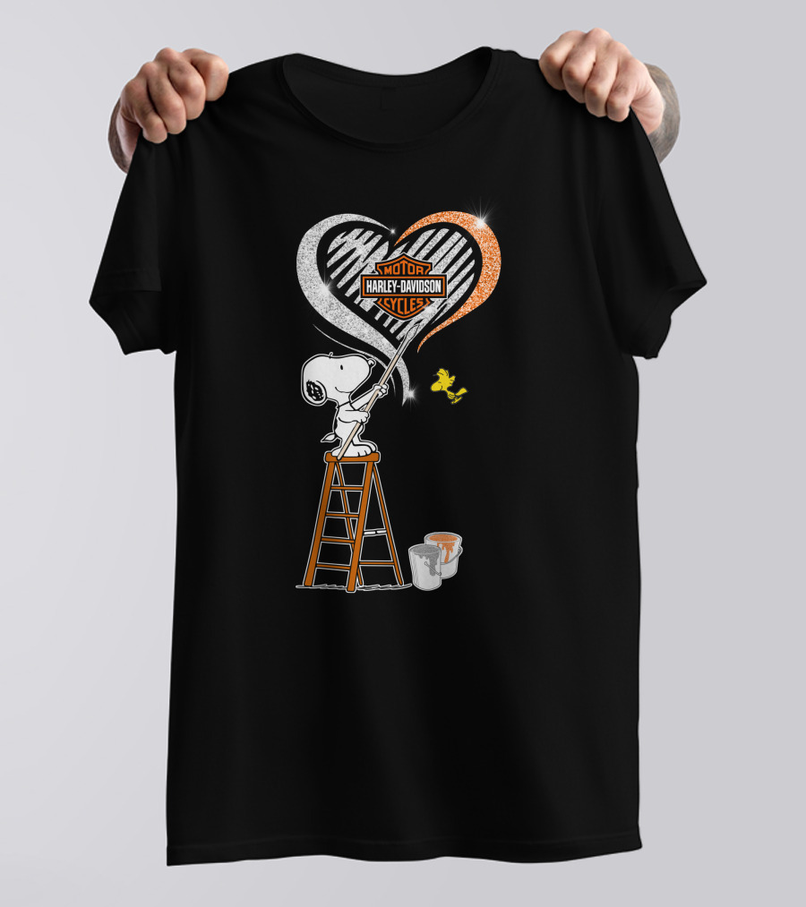 Snoopy Painting Harley Davidson Motorcycles Heart With Woodstock T-Shirt