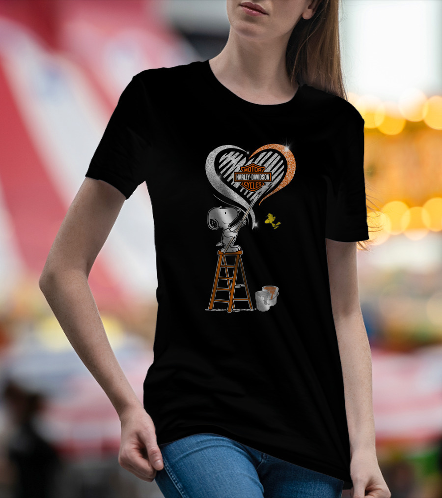 Snoopy Painting Harley Davidson Motorcycles Heart With Woodstock T-Shirt
