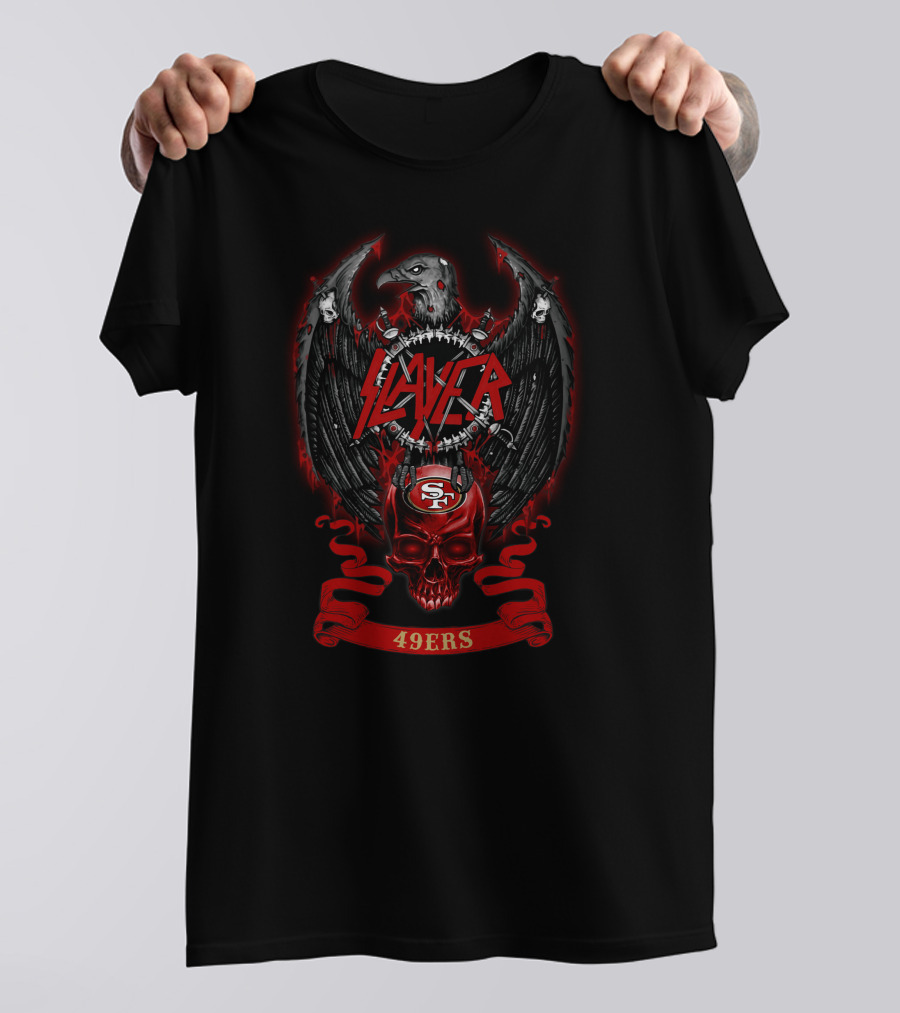 Slayer Sf 49ers Skull Nfl 28 Ravens Wings Crest T-Shirt