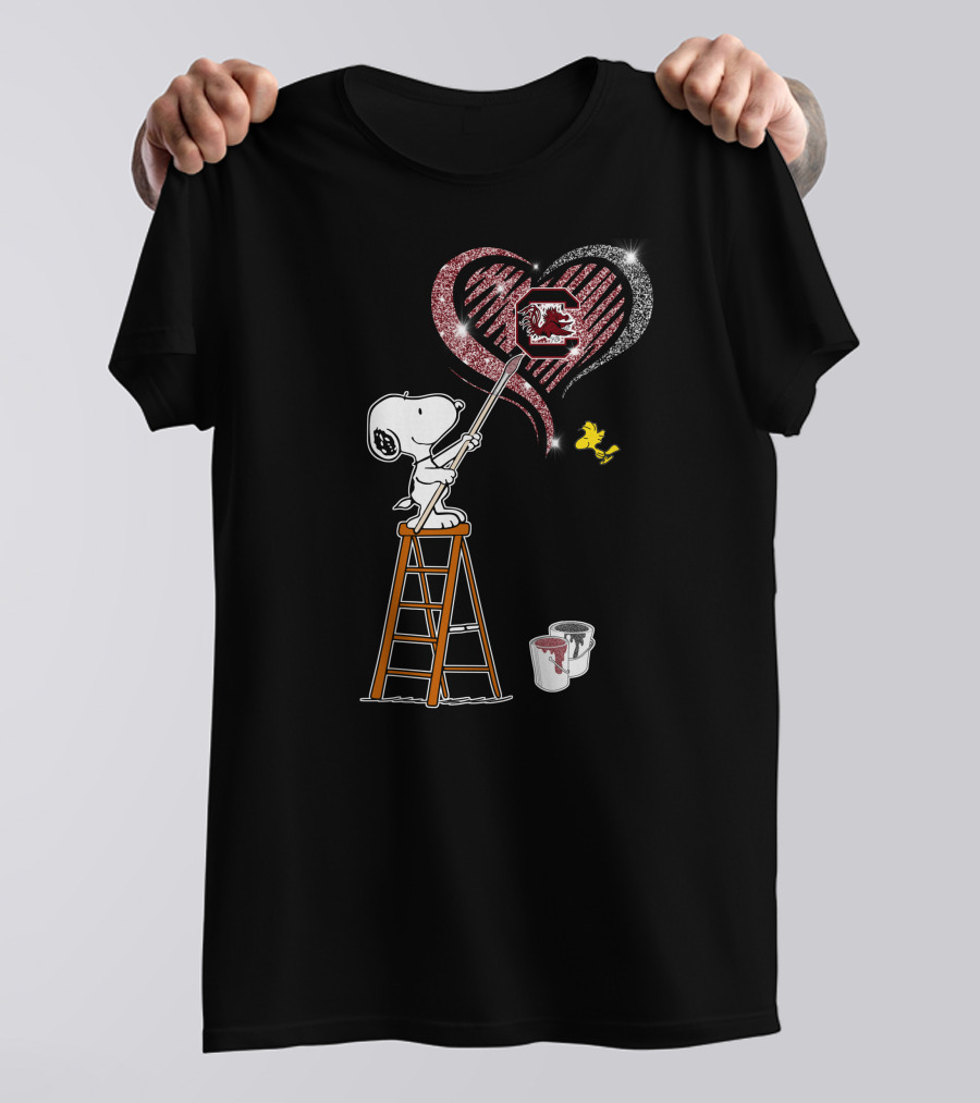 Snoopy Painting Heart South Carolina Gamecocks Logo Sparkle T-Shirt
