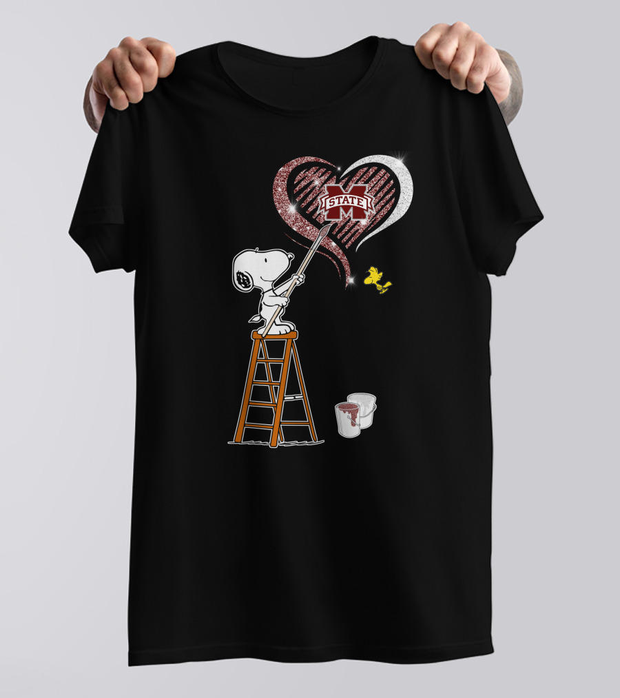 Snoopy Painting Mississippi State Heart With Woodstock T-Shirt