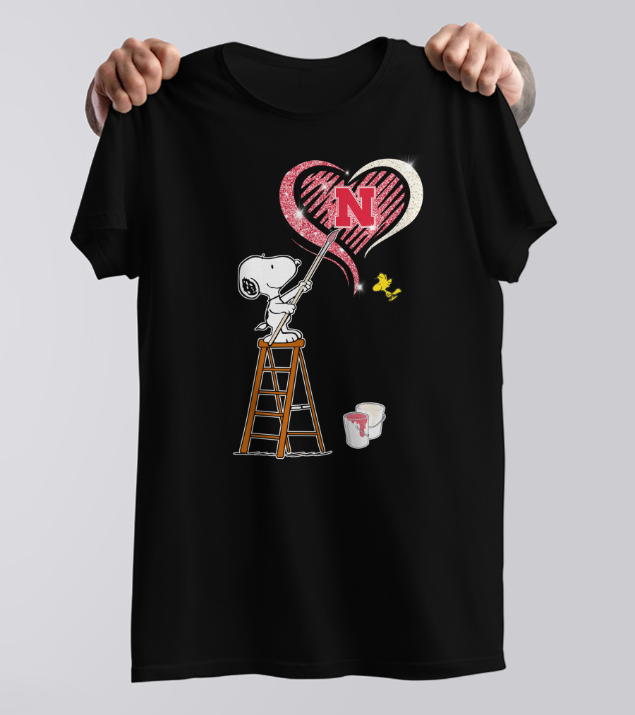 Snoopy Nebraska Huskers Heart Painting Woodstock Collaboration T-Shirt