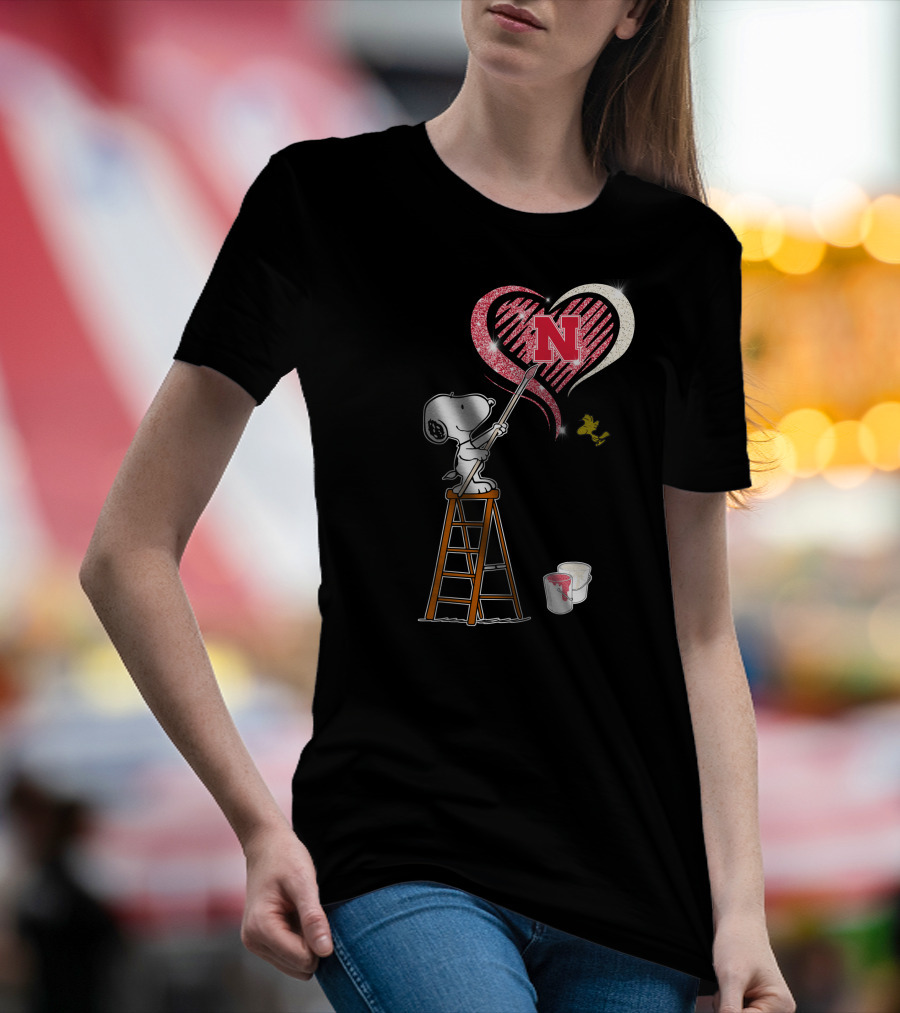 Snoopy Nebraska Huskers Heart Painting Woodstock Collaboration T-Shirt