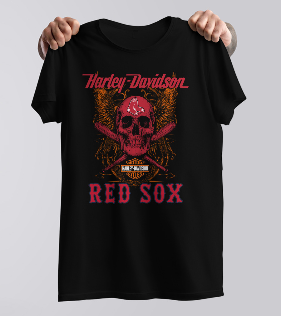 Harley Davidson Red Sox Skull Wings Motor Cycles T-Shirt
