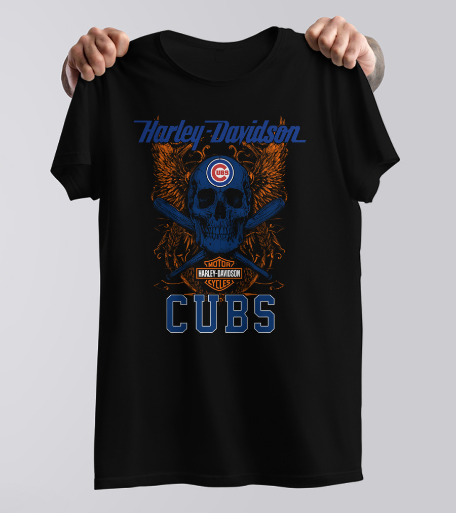 Harley Davidson Motor Cycles Cubs Skull And Crossed Bats T-Shirt