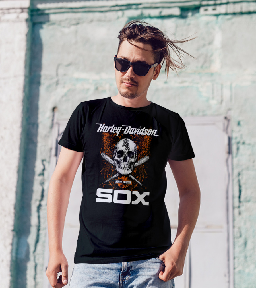 Harley Davidson Motor Cycles Chicago White Sox Skull And Crossed Bats T-Shirt