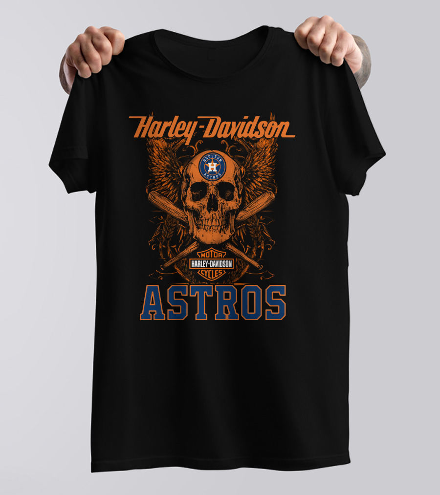 Harley Davidson Houston Astros Motor Cycles Skull Wings Crossed Bats T-Shirt