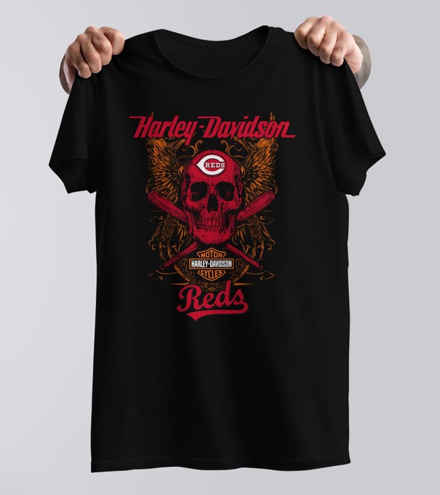 Harley Davidson Reds Skull Motor Cycles Logo With Bats T-Shirt