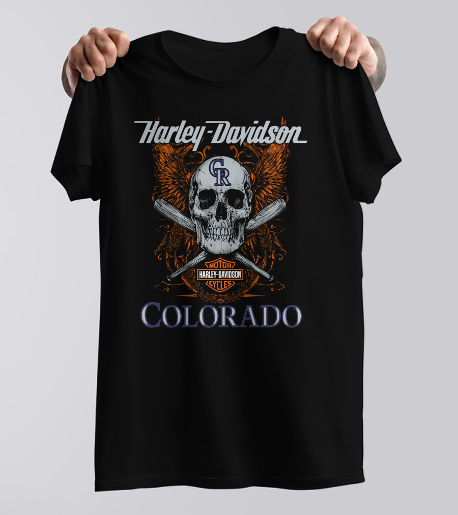 Harley Davidson Colorado Rockies Skull With Wings And Bats T-Shirt
