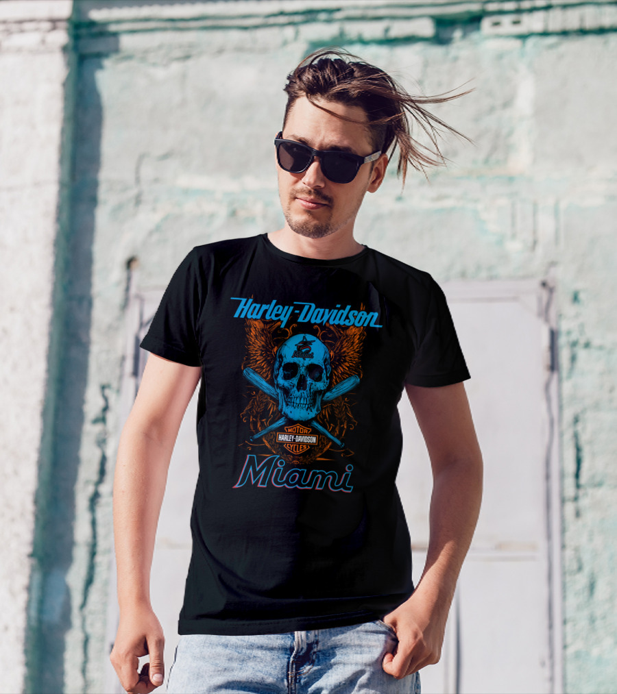 Harley Davidson Miami Skull With Bats And Marlins T-Shirt