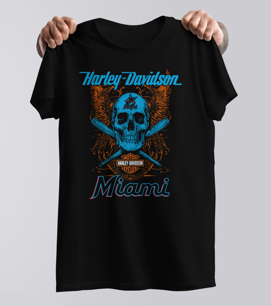 Harley Davidson Miami Skull With Bats And Marlins T-Shirt