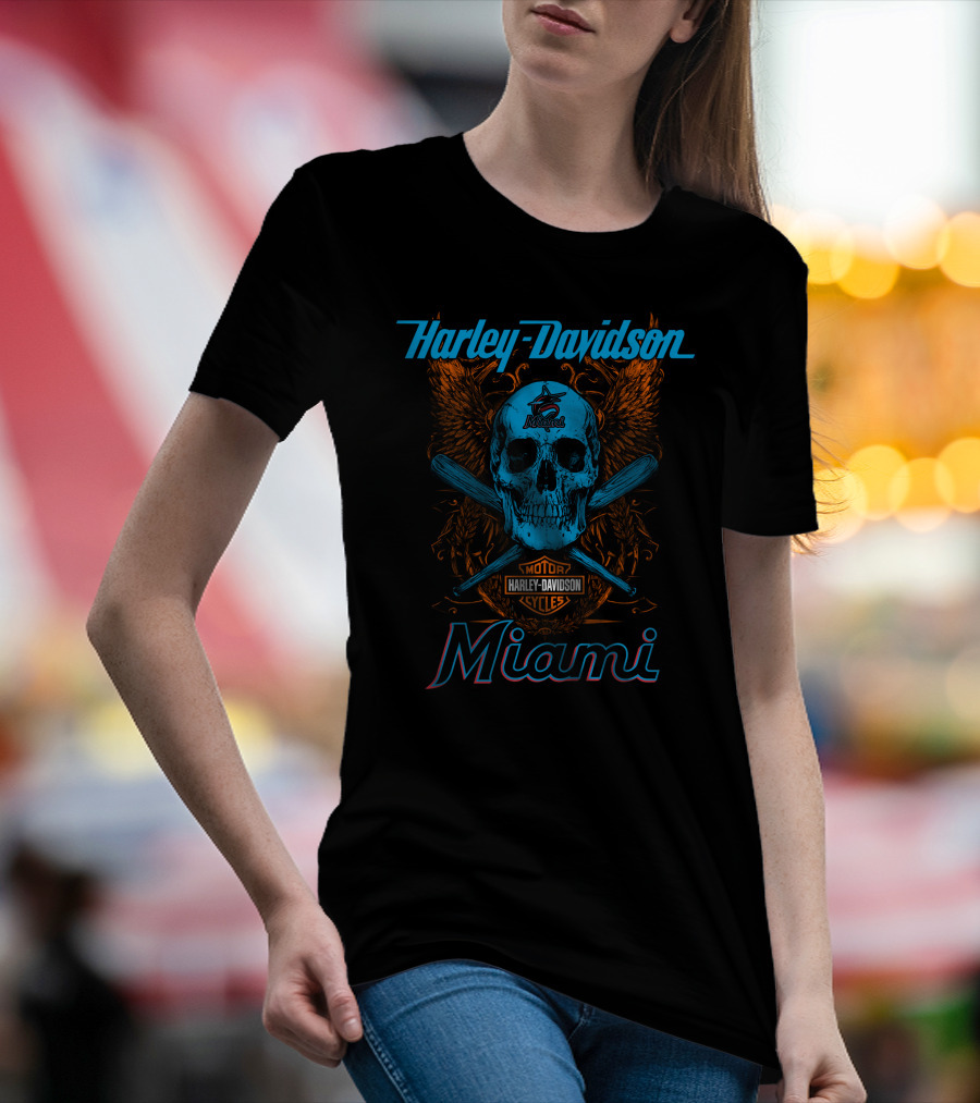 Harley Davidson Miami Skull With Bats And Marlins T-Shirt