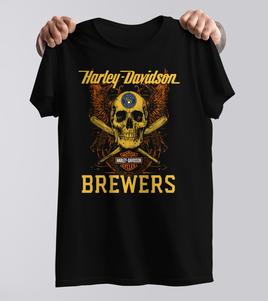 Harley Davidson Skull And Crossed Bats Milwaukee Brewers Motor Cycles T-Shirt