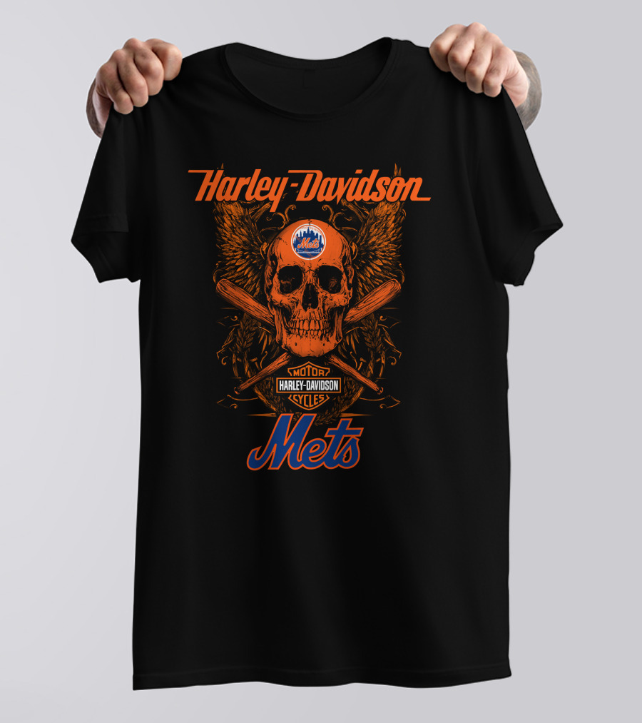 Harley Davidson New York Mets Motor Cycles Skull Wings Crossed Bats 18 T-Shirt