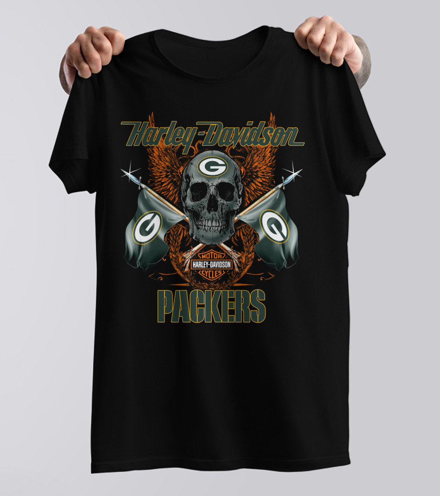Harley Davidson Packers Skull Flags Green Bay T-Shirt