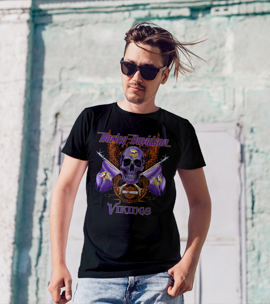 Harley Davidson Vikings Skull Flags T-Shirt