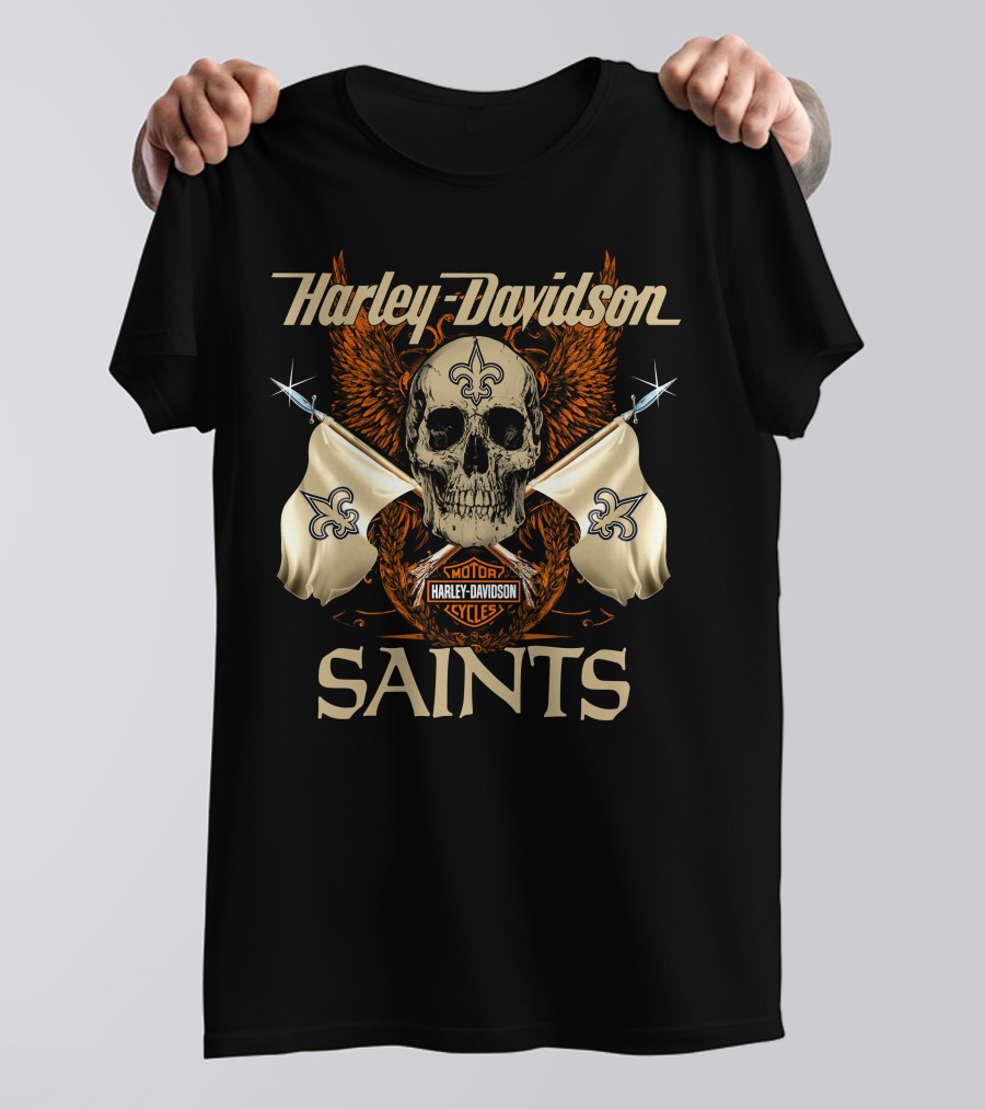 Harley Davidson Saints Skull With Fleur-De-Lis Flags And Wings T-Shirt