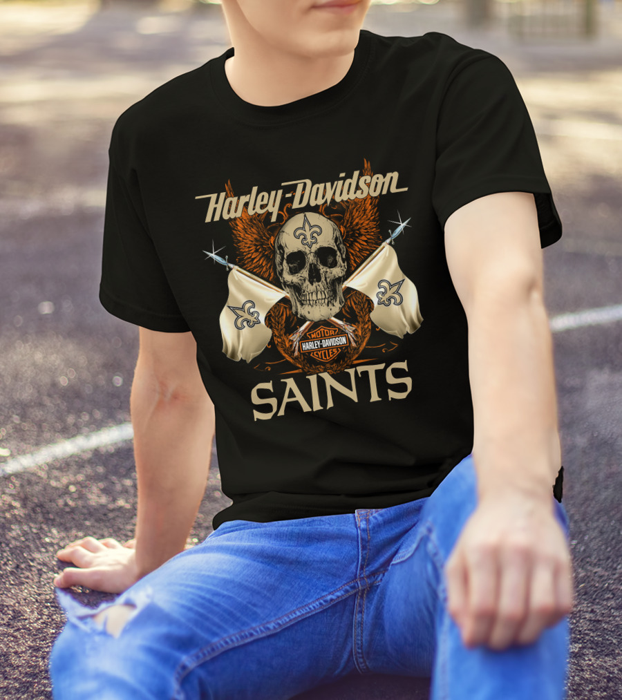 Harley Davidson Saints Skull With Fleur-De-Lis Flags And Wings T-Shirt