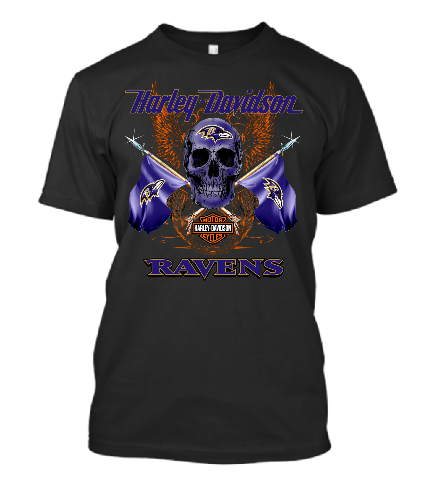 Harley Davidson Ravens Skull With Flags And Motorcycles T-Shirt