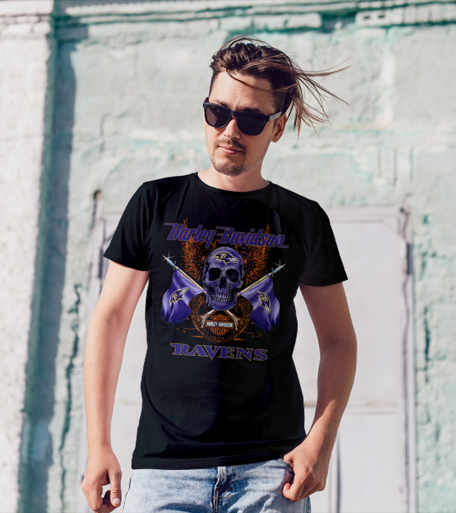 Harley Davidson Ravens Skull With Flags And Motorcycles T-Shirt