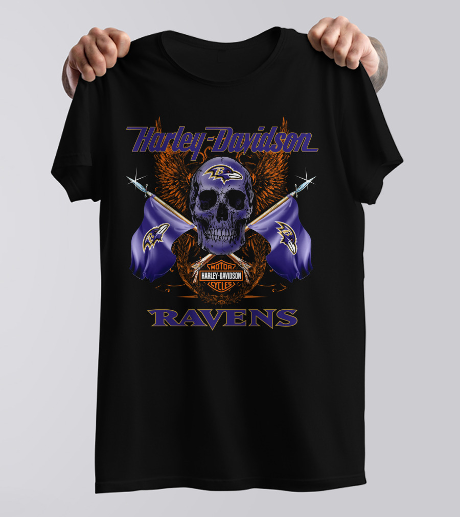 Harley Davidson Ravens Skull With Flags And Motorcycles T-Shirt