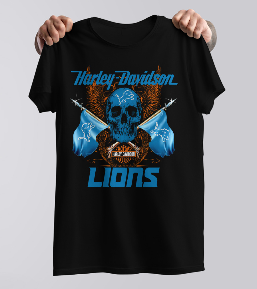Harley Davidson Lions Skull Motor Cycles Flags T-Shirt