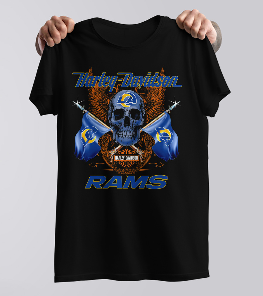 Harley Davidson Los Angeles Rams Motorcycle Cycles Skull Flags T-Shirt