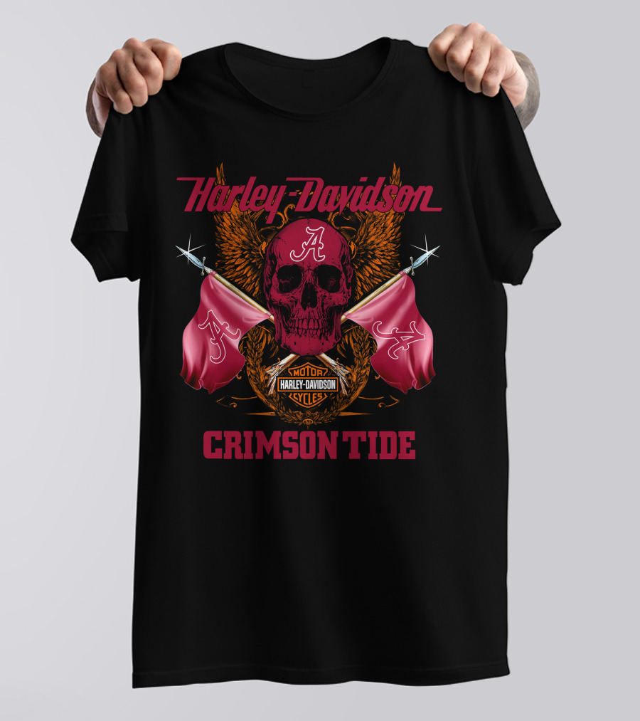 Crimson Tide Harley Davidson Skull And Flags T-Shirt