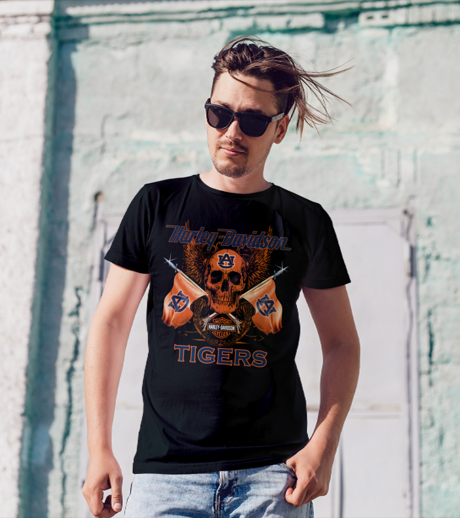 Harley Davidson Auburn Tigers Skull And Flags T-Shirt