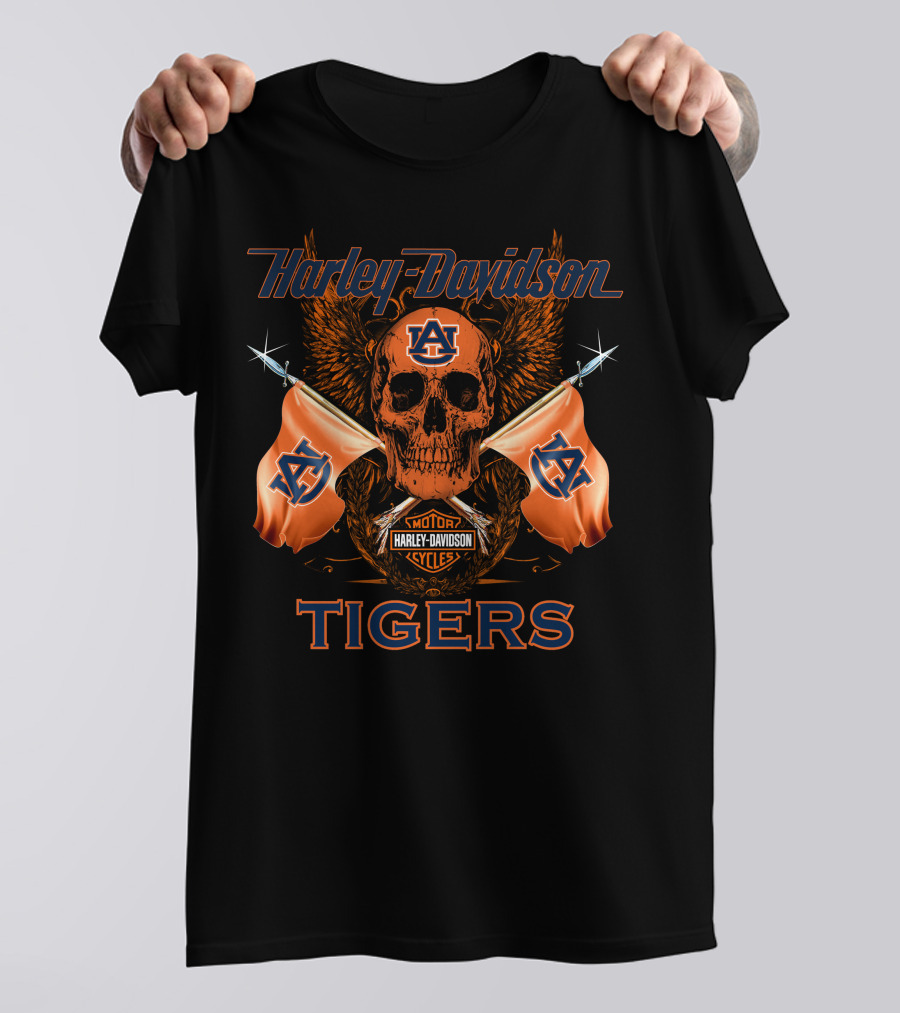 Harley Davidson Auburn Tigers Skull And Flags T-Shirt