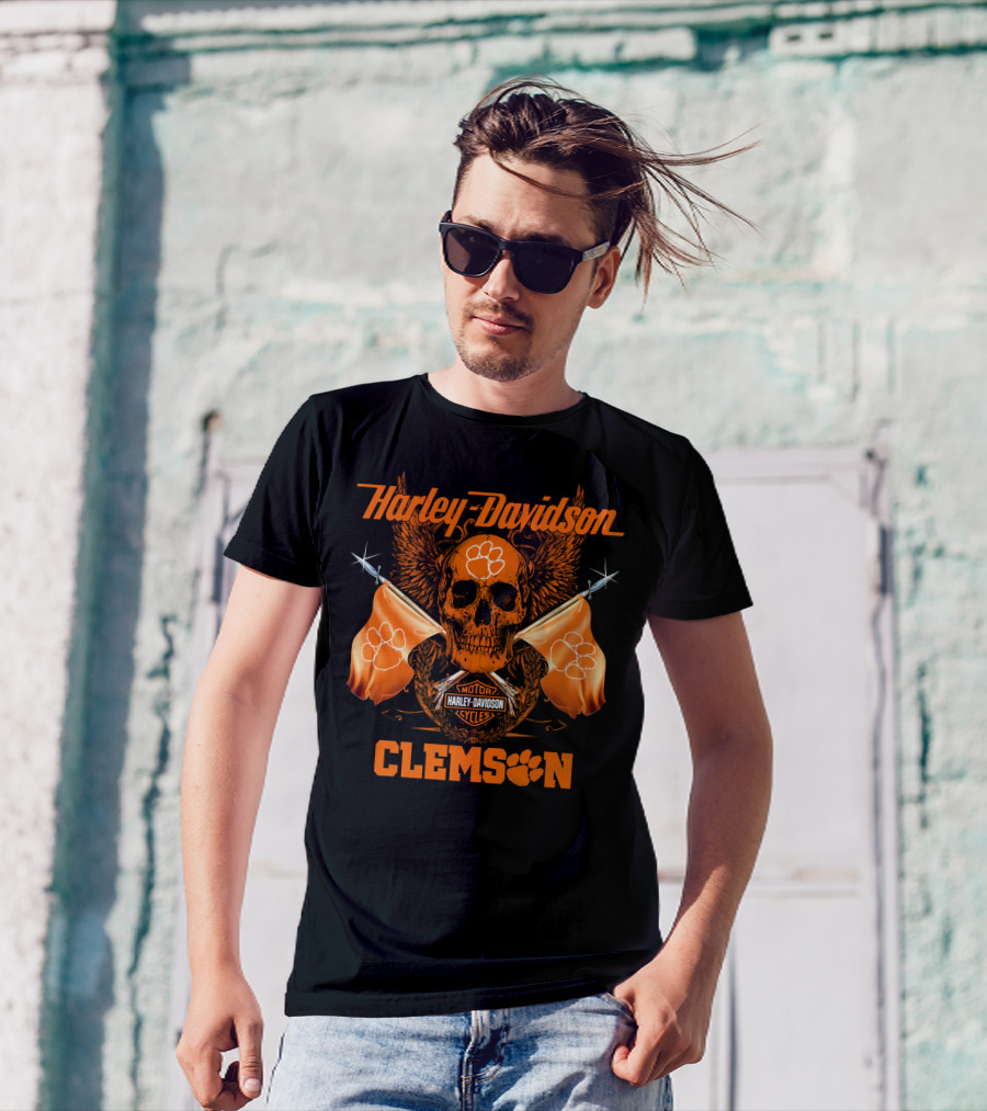 Harley Davidson Clemson Skull With Orange Flags And Paw Print T-Shirt