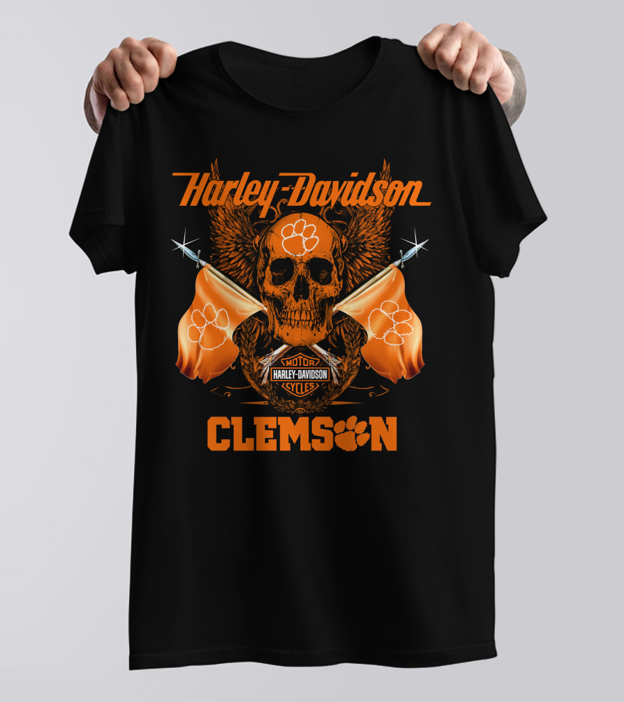 Harley Davidson Clemson Skull With Orange Flags And Paw Print T-Shirt