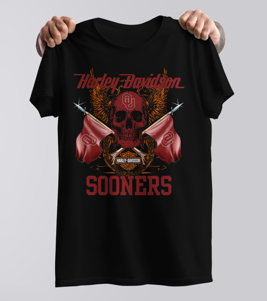 Harley Davidson Sooners Skull Flags Oklahoma University T-Shirt