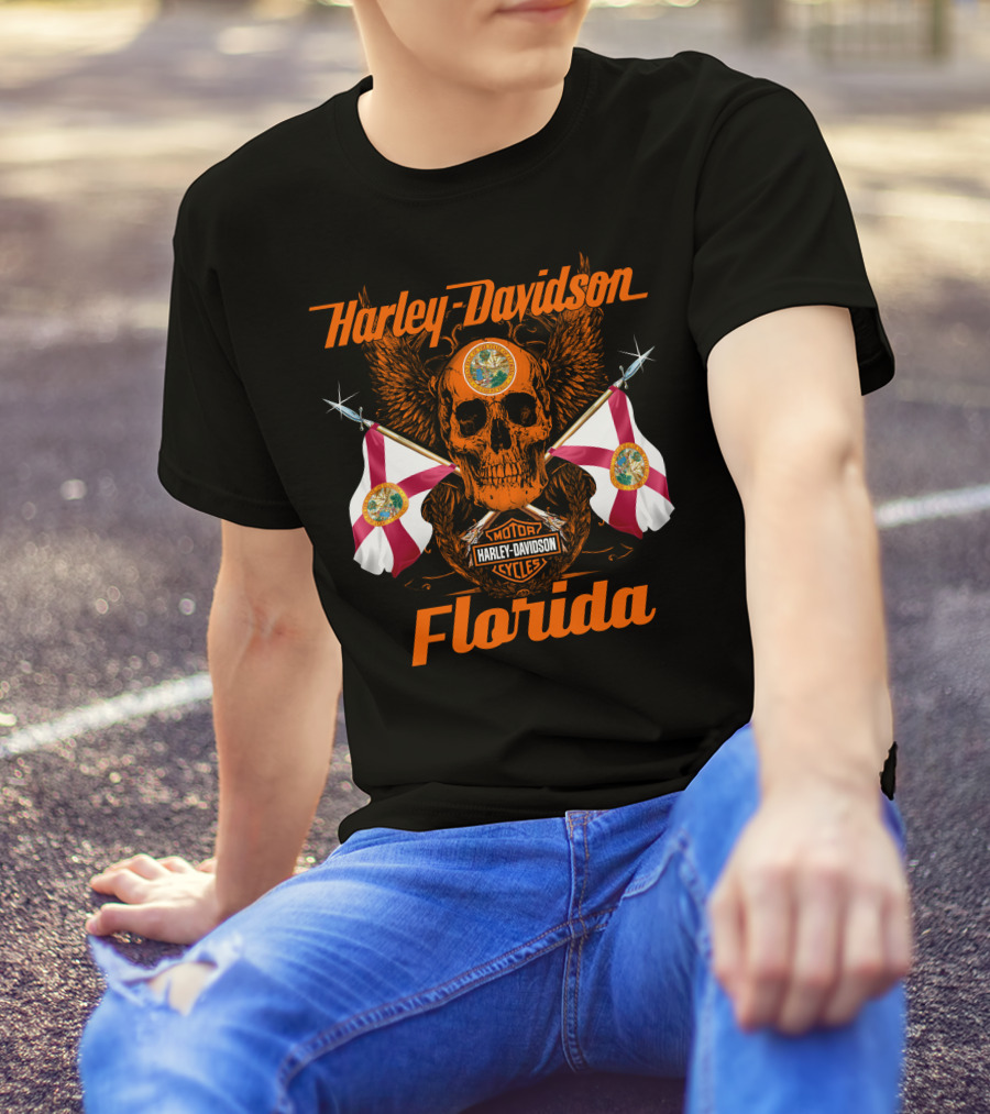 Harley Davidson Florida Skull With Flags And Logo Motif T-Shirt