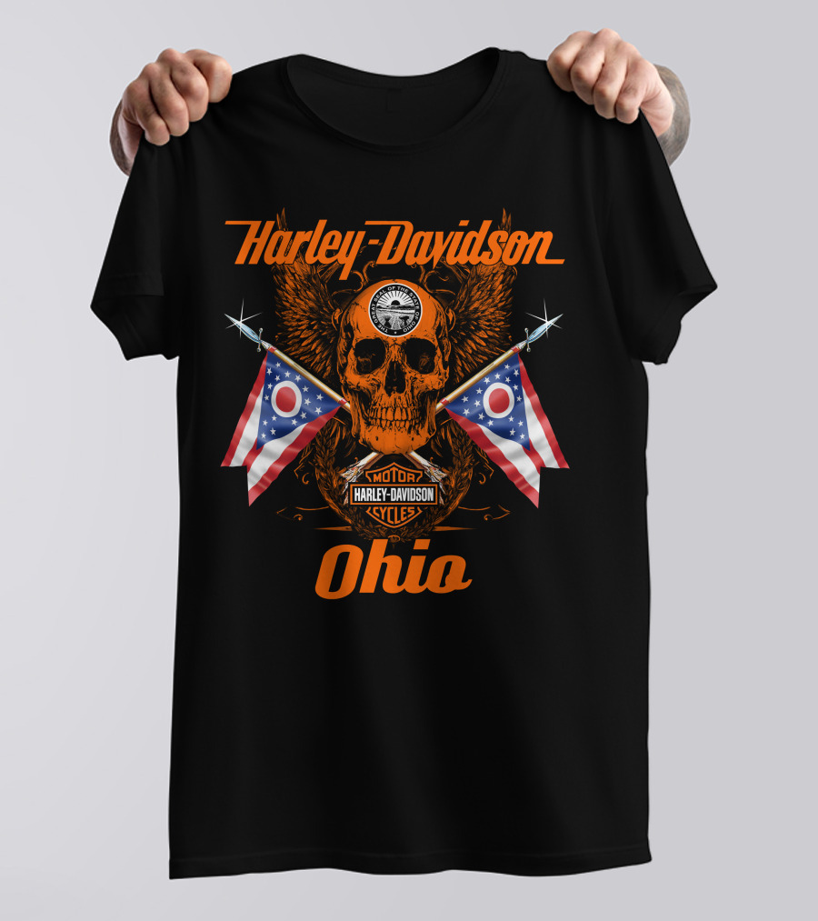 Harley Davidson Ohio Skull With Flags And Wings T-Shirt