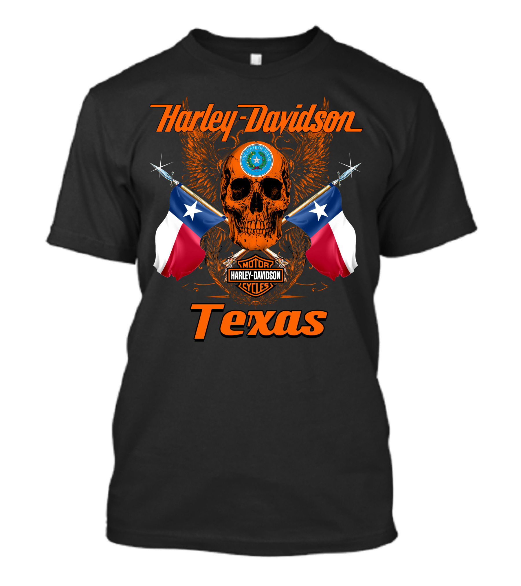 Harley Davidson Texas Skull And Crossed Flags With State Seal And Cycles T-Shirt