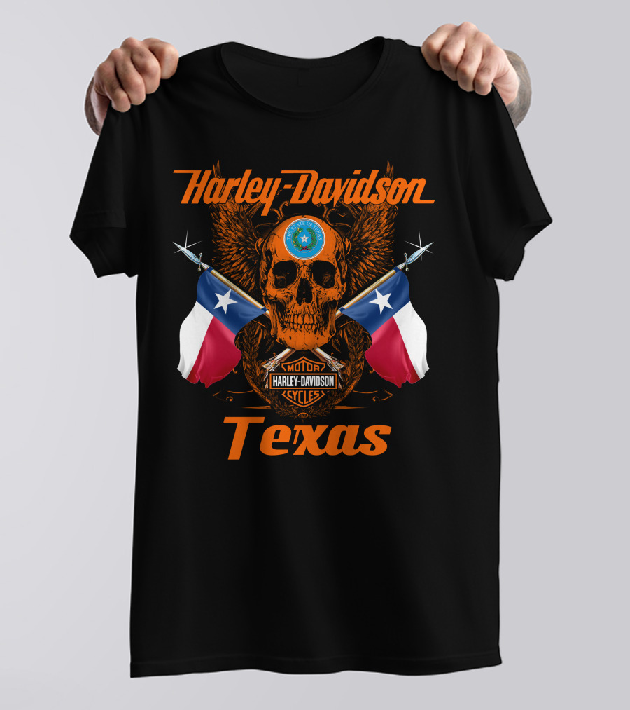 Harley Davidson Texas Skull And Crossed Flags With State Seal And Cycles T-Shirt