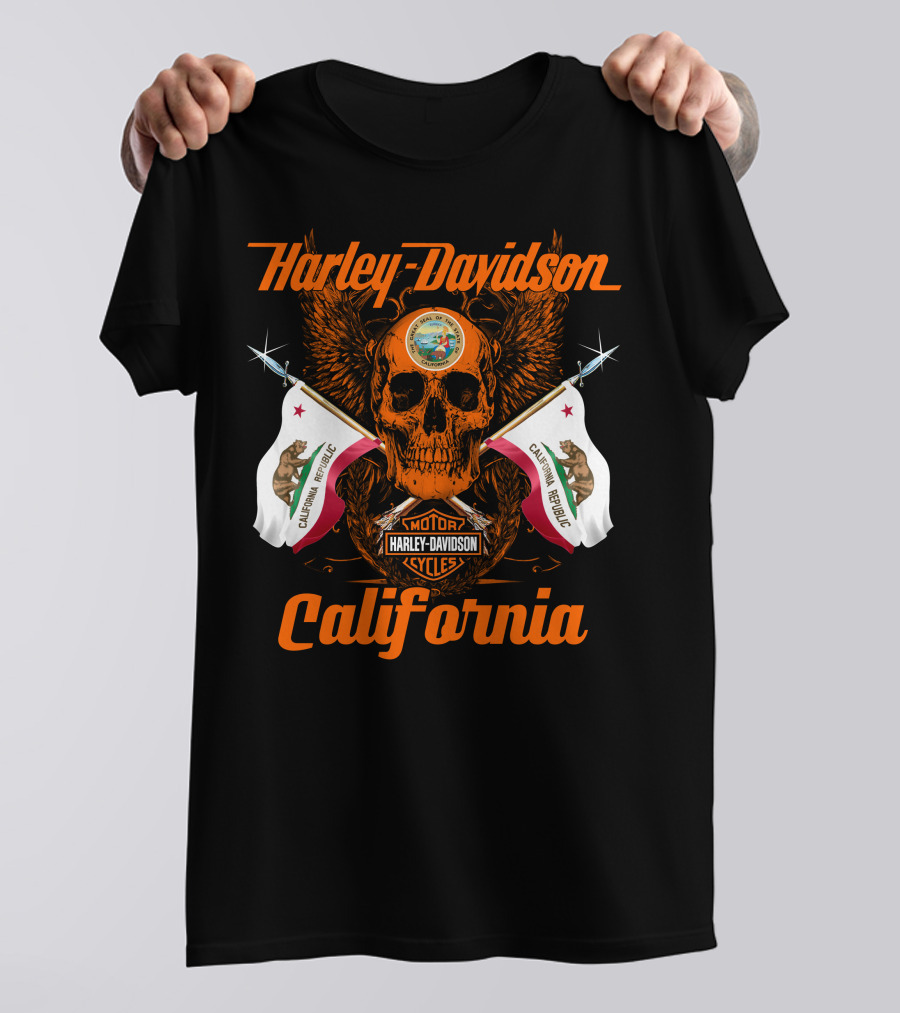 Harley Davidson California Republic Skull And Flags T-Shirt
