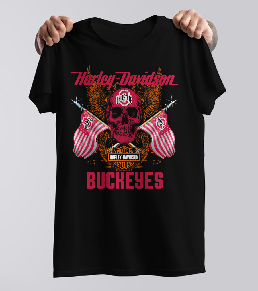 Harley Davidson Ohio State Buckeyes Motor Cycles Flags Skull T-Shirt