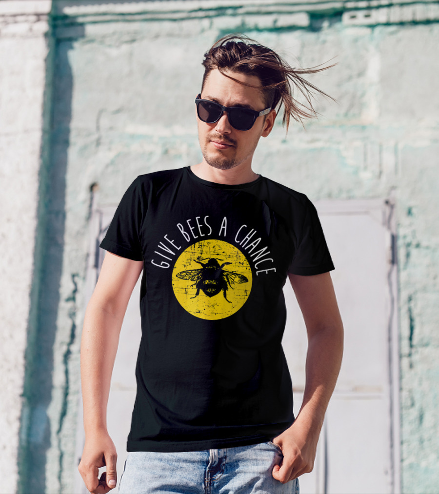 Give Bees A Chance Funny Cute Vegan Yellow Circle Bee T-Shirt